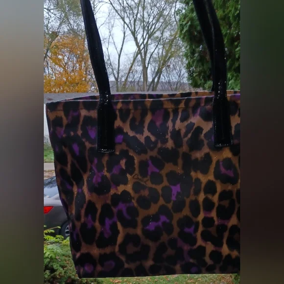 Coach Leopard Print Tote Shoulder Bag Black Purple Nylon Canvas Purse - Picture 2 of 5